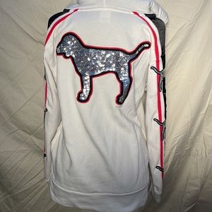 Victoria’s Secret PINK White with Black Stripe and Silver Sequin Dog Pullover